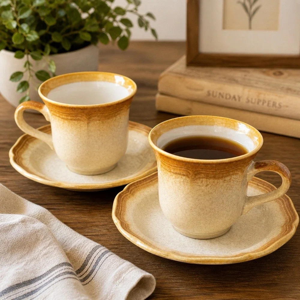 VTG Mikasa Whole Wheat E8000 Cups & Saucers Set of 2 Japan Stoneware EUC